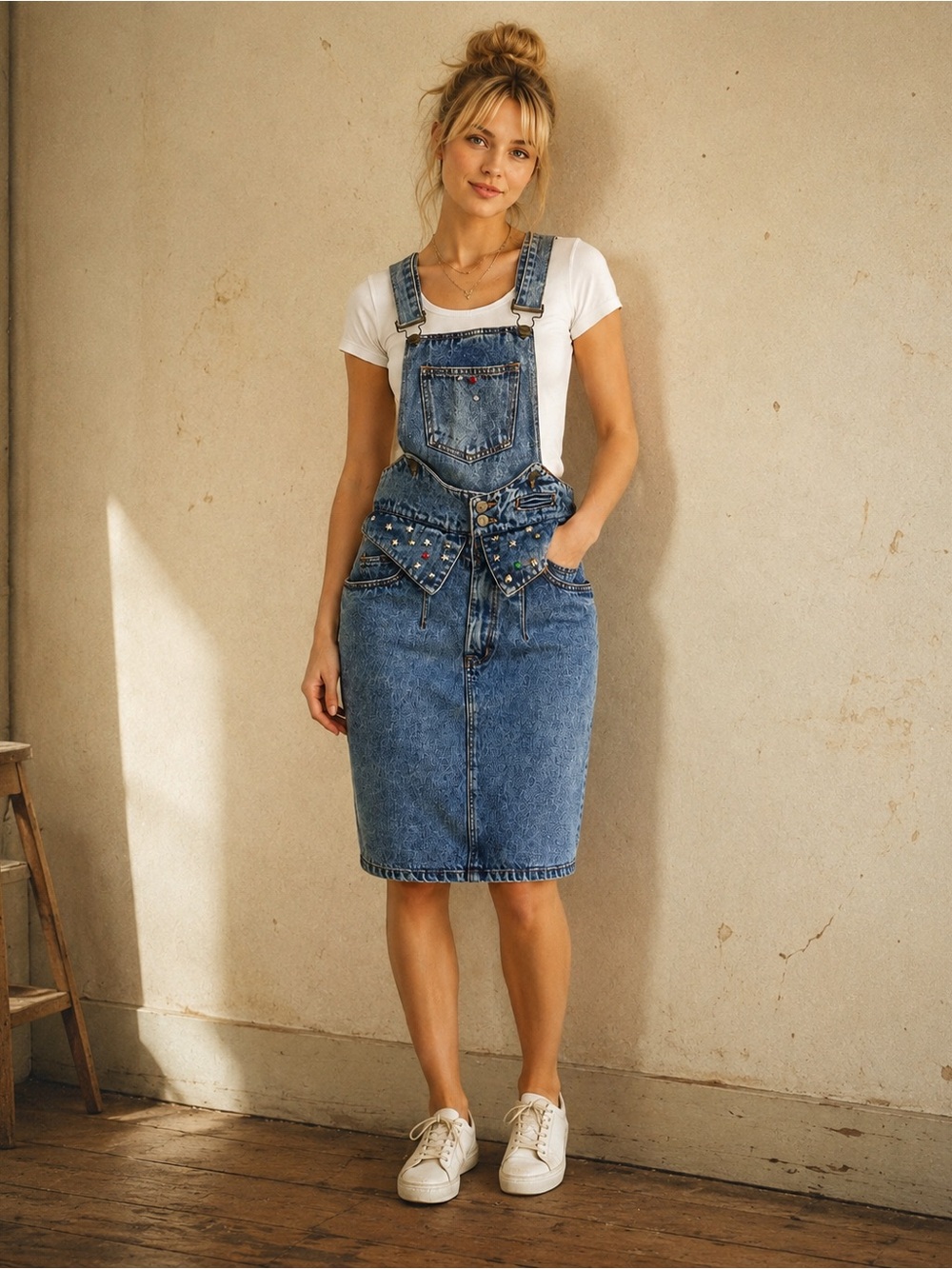 Vintage Crystal 90s Embellished Denim Detachable Overall Skirt 11/12